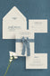 Wedding invitation set with envelope, card, and RSVP card on a blue background