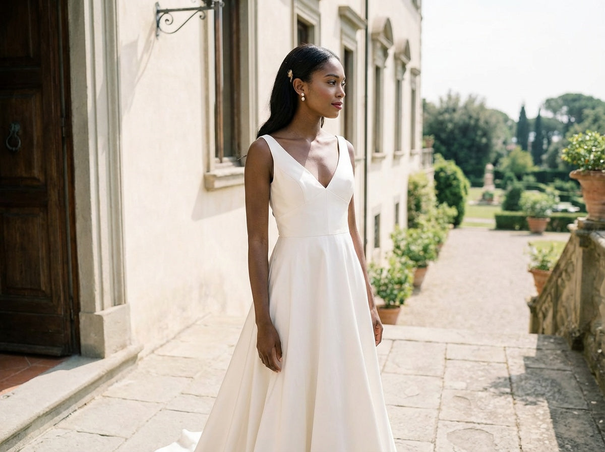 Woman in a white wedding dress standing in front of a classical building with gardens.