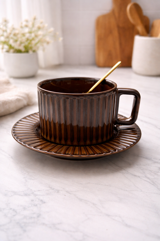 Brown ceramic cup and saucer with a spoon on a white marble surface