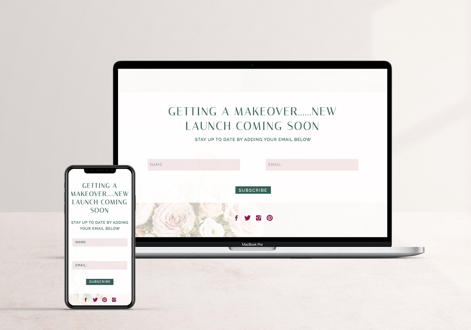 Laptop and smartphone displaying a 'Coming Soon' website on a light gray background