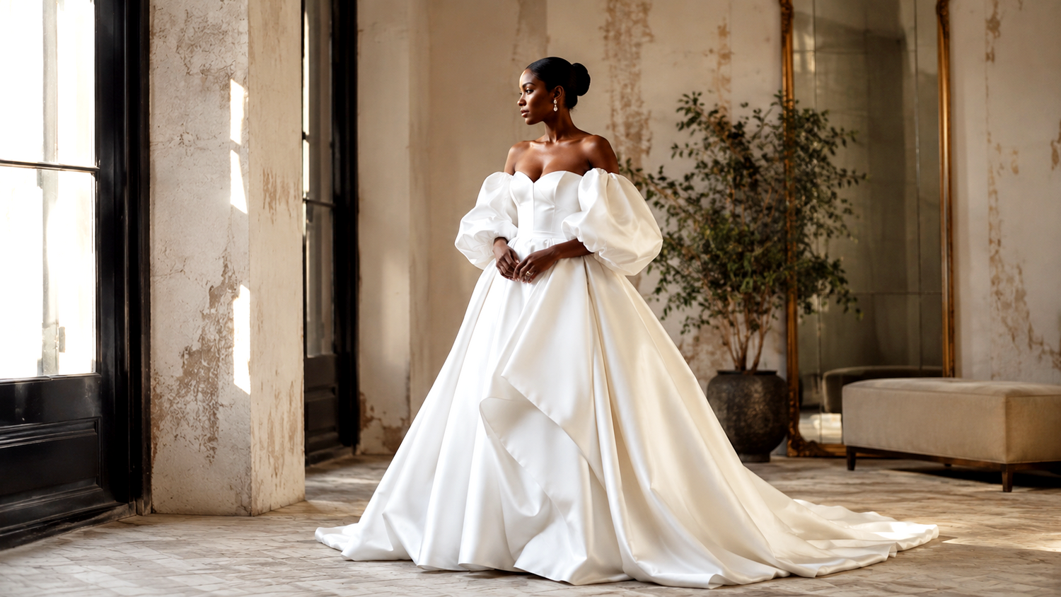 Woman in a white wedding dress standing in a room with large windows and a plant.
